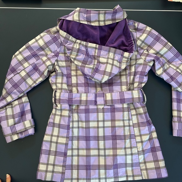 Purple lavender grey plaid belted fitted fleeced lined hooded winter jacket - Picture 12 of 16